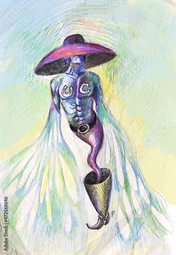 Magician cawboy gin making dreams come true with magic boot. Hand drawn illustration.