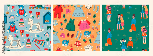 Various toys and clothes for kids. Children standing together. Hand drawn modern Vector illustrations. Baby fashion and accessories, preschool activities concept. Set of three seamless Patterns