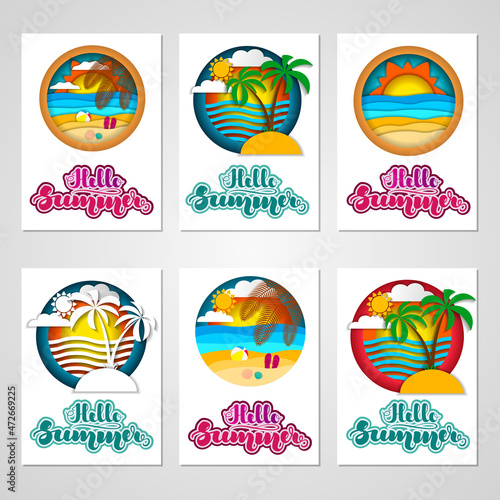 Set of summer cards with summer landscapes and lettering. illustration for cards  banners  posters  flyers  stickers and much more