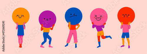 Playful people holding large circles with faces instead of heads. Big round colorful heads with various Emotions. Different mood concept. Hand drawn Vector illustration. Every person is isolated