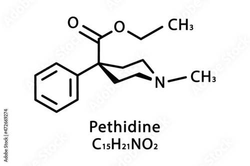 Pethidine molecular structure. Pethidine skeletal chemical formula. Chemical molecular formula vector illustration
