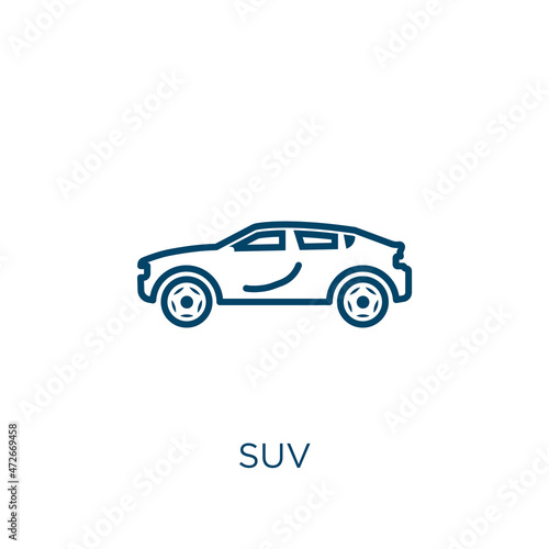 suv icon. Thin linear suv outline icon isolated on white background. Line vector suv sign, symbol for web and mobile.