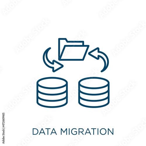 data migration icon. Thin linear data migration outline icon isolated on white background. Line vector data migration sign, symbol for web and mobile.
