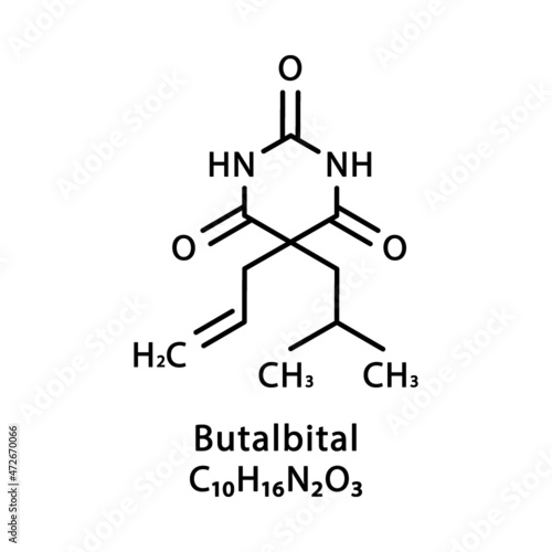 Butalbital molecular structure. Butalbital skeletal chemical formula. Chemical molecular formula vector illustration