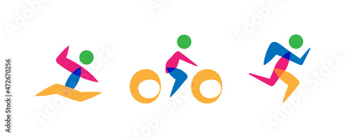 Triathlon logo design template. Swimming, running and bike logotype. Simple sport symbol set.