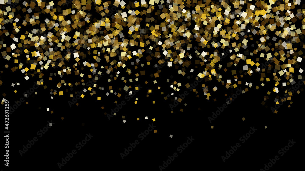 Gold square confetti isolated on black background. Vector illustration. Falling golden rectangles for party decoration, birthday celebrate, banner, anniversary or Christmas, New Year. Festival decor. 