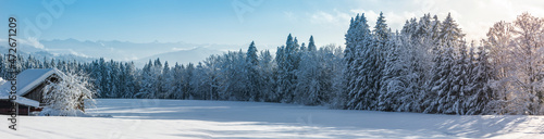 Schneelandschaft mit verschneitem Tannenwald und Bauernhaus