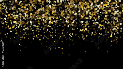 Gold square confetti isolated on black background. Vector illustration. Falling golden rectangles for party decoration, birthday celebrate, banner, anniversary or Christmas, New Year. Festival decor. 