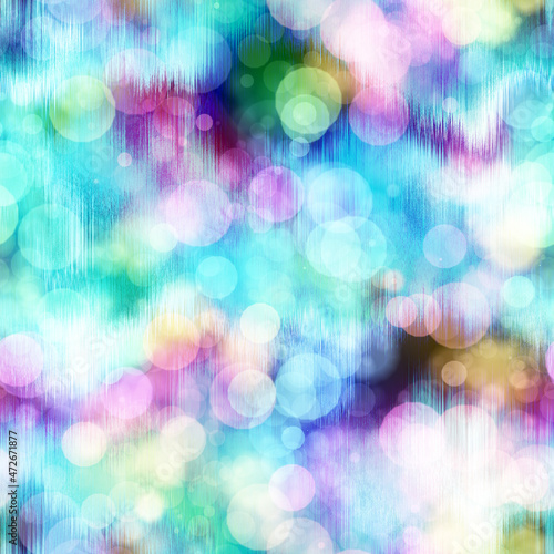 Seamless seventies tie dye bokeh texture. Hippie summer repeat background with ink dyed effect. 