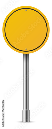 Round road sign. Realistic yellow circle on metal pole