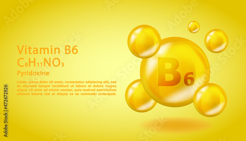 3D Vitamin molecule B6 Pyridoxine design. Realistic B6 Pyridoxine Vitamin drop. Yellow nutrition complex illustration.