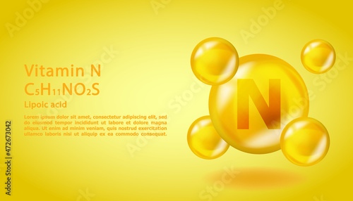 3D Vitamin molecule N Lipoic acid design. Realistic N Lipoic acid Vitamin drop. Yellow nutrition complex illustration.