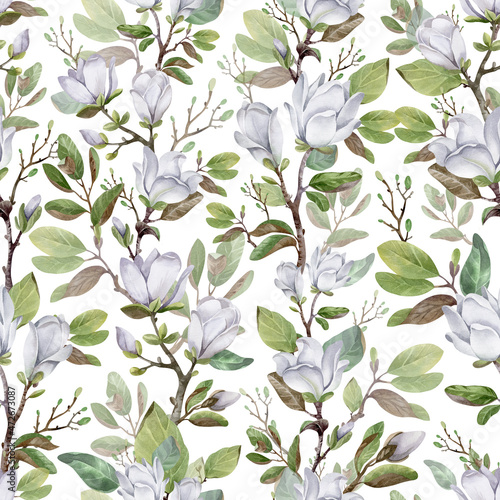 watercolor illustration. floral seamless pattern blooming magnolia and birds. for cards, invitations, stickers, wedding, birthday, Valentine's Day, decor, fabric design, clothing. © Elena