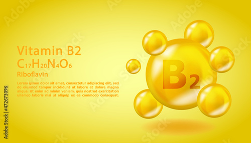 3D Vitamin molecule B2 Riboflavin design. Realistic B2 Riboflavin Vitamin drop. Yellow nutrition complex illustration.