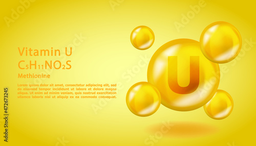 3D Vitamin molecule U S-Methylmethionine design. Realistic U S-Methylmethionine Vitamin drop. Yellow nutrition complex illustration.
