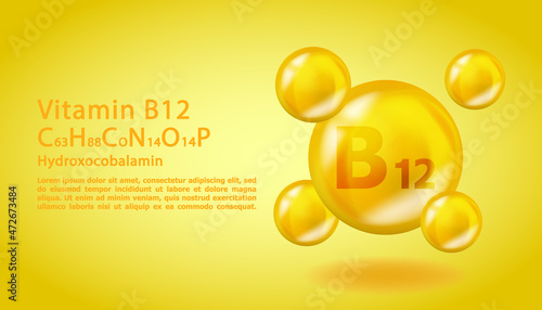 3D Vitamin molecule B12 Cyanocobalamin design. Realistic B12 Cyanocobalamin Vitamin drop. Yellow nutrition complex illustration. photo