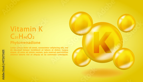 3D Vitamin molecule K Phylloquinone design. Realistic K Phylloquinone Vitamin drop. Yellow nutrition complex illustration.