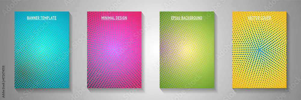 Minimal circle screen tone gradation cover templates vector series. Industrial flyer faded screen