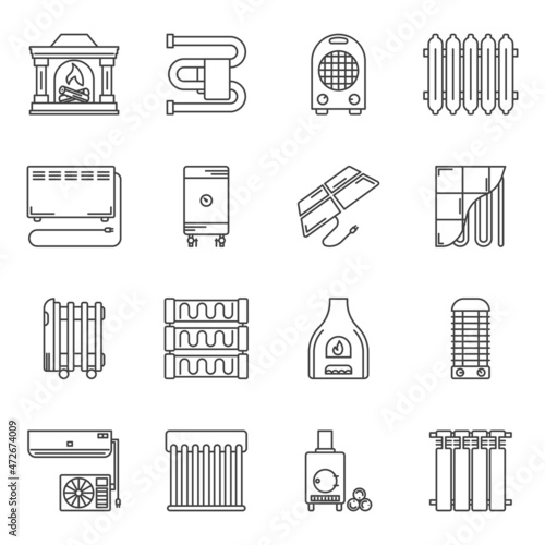 Heating icons set. Simple linear images of equipment for heating a room, includes a radiator, fireplace, stove, electric heaters. Isolated vector on pure white background.