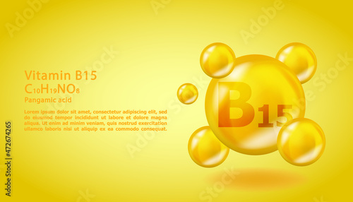 3D Vitamin molecule B15 Pangamic acid design. Realistic B15 Pangamic acid Vitamin drop. Yellow nutrition complex illustration.