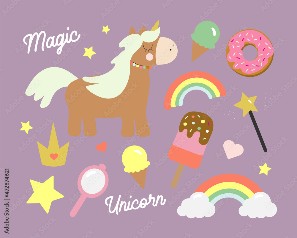 Unicorn set with cartoon unicorn, hearts, stars, mirror, crown, rainbow, ice cream, magic wand, donut and text: Magic, Unicorn. Vector Illustration design for cards, posters, t-shirts, invitations.