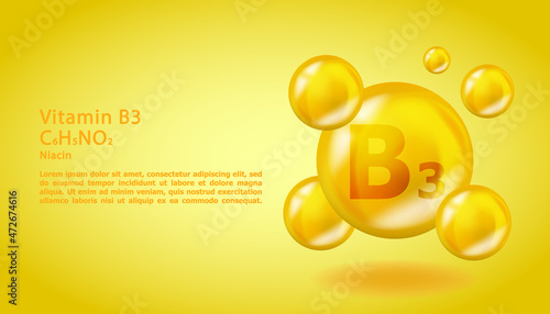 3D Vitamin molecule B3 Niacin design. Realistic B3 Niacin Vitamin drop. Yellow nutrition complex illustration.