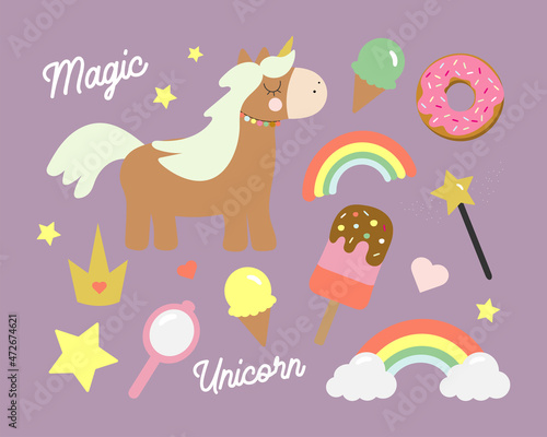 Unicorn set with cartoon unicorn  hearts  stars  mirror  crown  rainbow  ice cream  magic wand  donut and text  Magic  Unicorn. Vector Illustration design for cards  posters  t-shirts  invitations.
