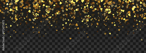 Gold hearts confetti isolated on black background. Vector illustration. Falling golden hearts for party decoration, birthday celebrate, banner, anniversary. Festival decor.