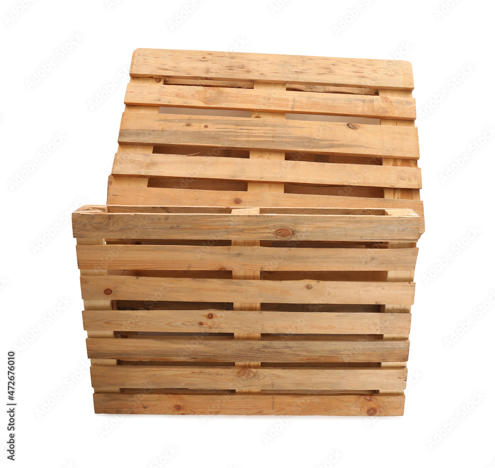 Wooden pallets isolated on white, top view. Transportation and storage Wooden pallets isolated on white, top view. Transportation and storage
