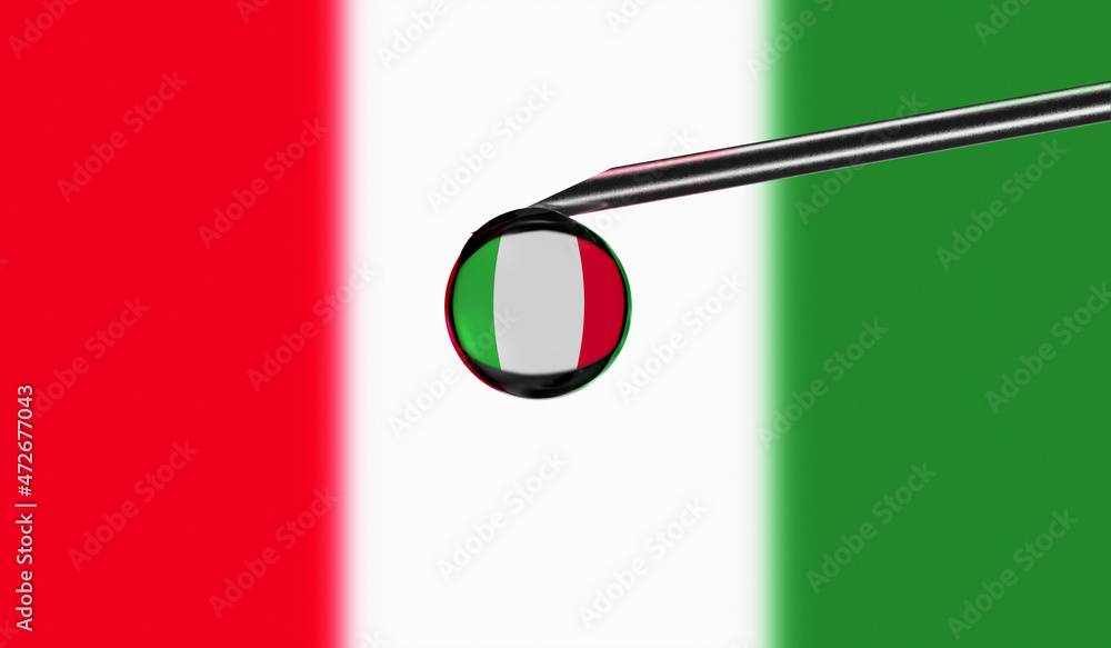 Vaccine syringe with drop on needle against national flag of Italy background. Medical concept vaccination. Coronavirus Sars-Cov-2 pandemic protection. National safety idea. Vaccine syringe with drop on needle against national flag of Italy background. Medical concept vaccination. Coronavirus Sars-Cov-2 pandemic protection. National safety idea.