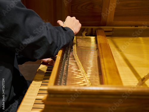 фотографія Musician tunes historical harpsichord cembalo with his hands before the concert