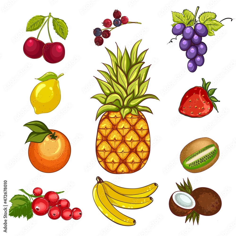 Fruit set pineapple kiwi strawberry isolated on a white background Fruit set pineapple kiwi strawberry isolated on a white background