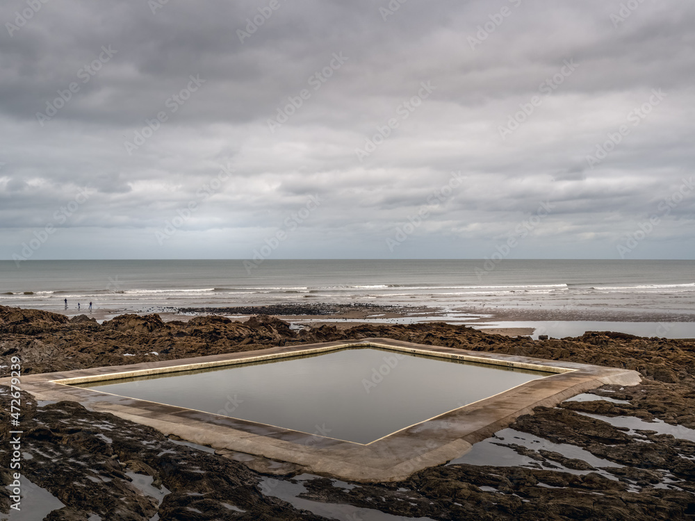 Seawater outdoor pool at Westward Ho, on the Devon coast of England in winter.