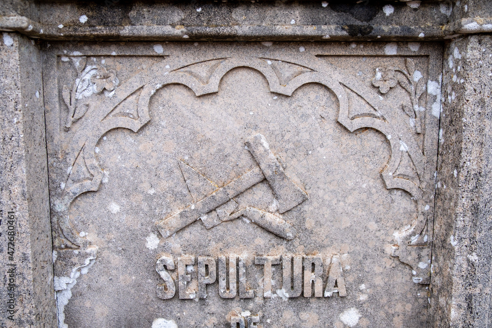 funeral emblem with mason tools, Ses Salines Cemetery, Mallorca, Balearic Islands, Spain funeral emblem with mason tools, Ses Salines Cemetery, Mallorca, Balearic Islands, Spain