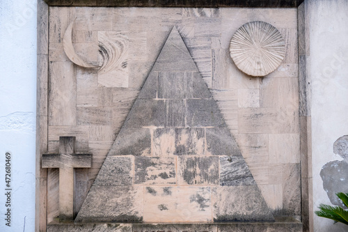 pyramid, moon and sun as funerary symbols, Ses Salines Cemetery, Mallorca, Balearic Islands, Spain