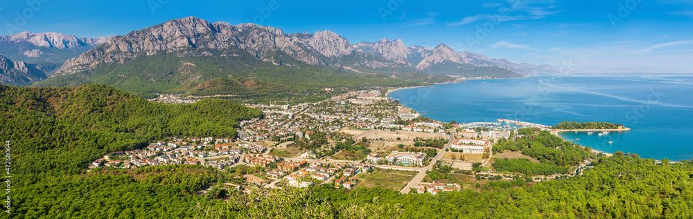 aerial view of the town Kemer in a mountain valley on the southern coast of Turkey with Mount Tahtali (Lycian Olympus) in the distance