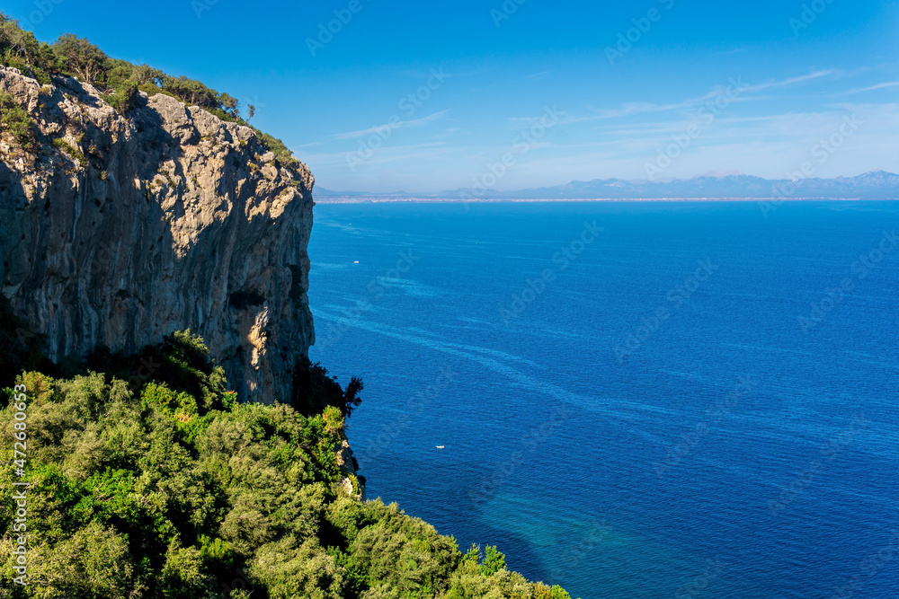 seascape - coastal cliffs in lush tropical vegetation and blue sea with distant mountainous shore seascape - coastal cliffs in lush tropical vegetation and blue sea with distant mountainous shore