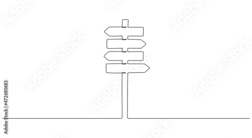One Continuous line drawing of Road direction sign arrows to the right and left isolated on white. Pointer symbol in simple liner style. Vector illustration for web banner, design template, postcard
