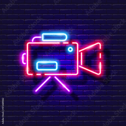 Video camera neon icon. Photo and video concept. Vector illustration of a sign for design, website, decoration, online store.