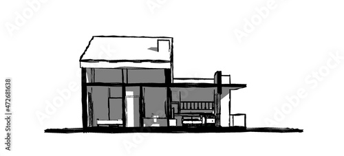 3d illustration of a small modern house drawing of two floors with pitched roof and terrace on upper floor. Cross section perspective facade in hand sketch style on white background.