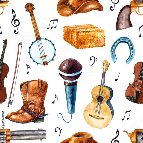 Vintage watercolor seamless pattern. Cowboy hat, boots, banjo, guitar, violin. Watercolor painting isolated on white background. photo