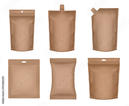 Set of realistic doy pack mockups. Brown flow pack, sachet, zip bag and doypack. Ice cream wrapper. Sheet mask sachet. Coffee, sause or candy packaging.