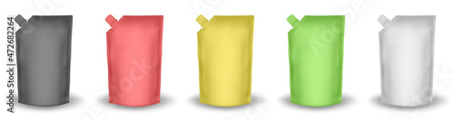 Set of doypack packaging with screw cap. Blank foil drink bags pouches with spout. Ketchup, mayonnaise or mustard. Stand up doy pack mock up set: black, red, yellow and white