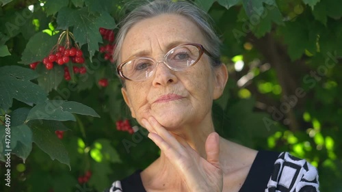 Closeup portrait of upset senior mature woman in eyeglasses regreting about something and holding her hands near the head. Negative emotion, facial expression, feeling photo