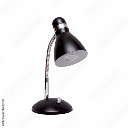 Black metal desk lamp isolated on a white background.