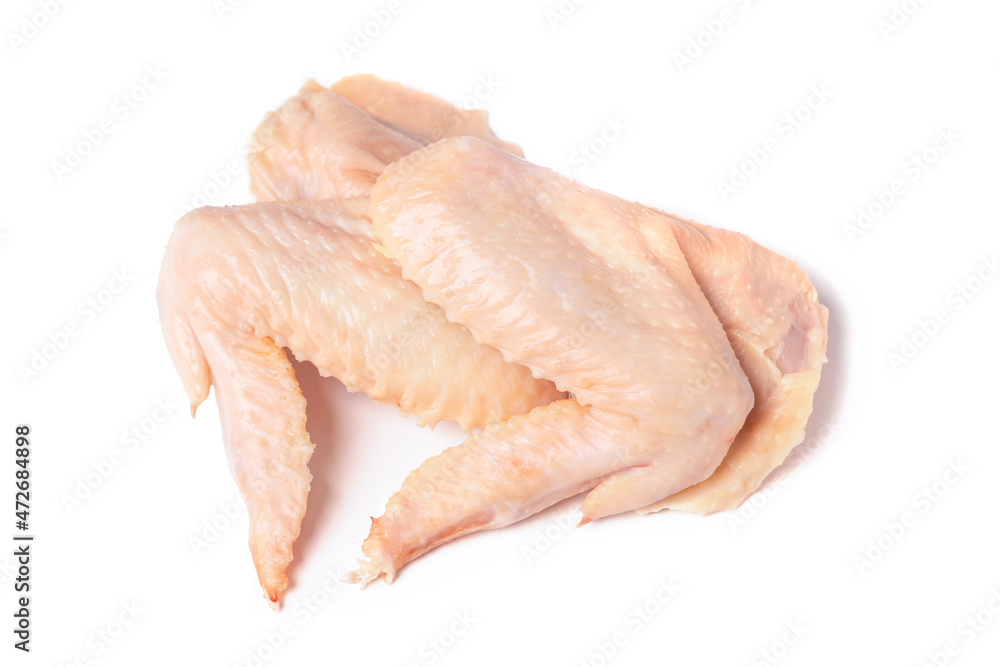 Homemade chicken meat. Two raw chicken wings isolated on a white background, top view Homemade chicken meat. Two raw chicken wings isolated on a white background, top view