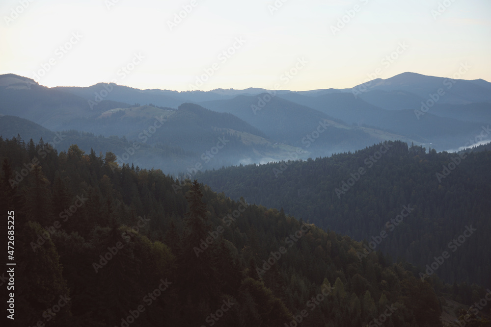 Amazing view of beautiful foggy mountains in morning