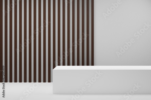3D white empty display podiums for product advertising on white cement and the wood slat wall. 3D rendering of display podium and background. 3d illustration.