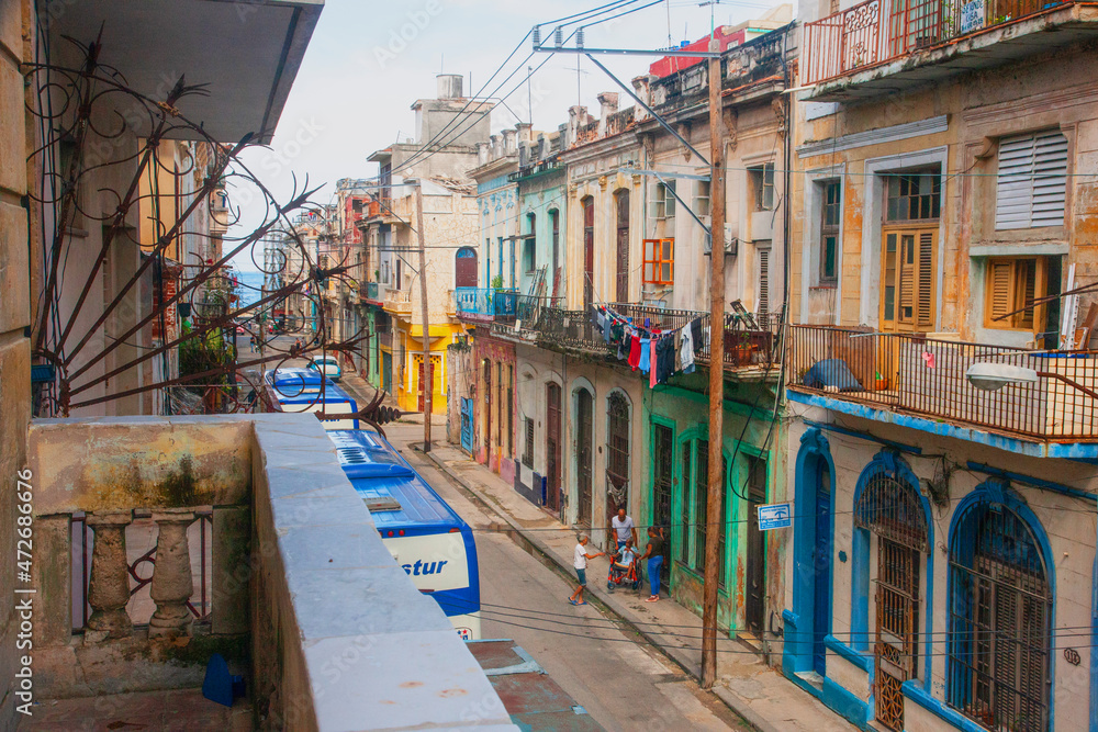Example of a typical street in Havana with residential homes, shops and restaurants.