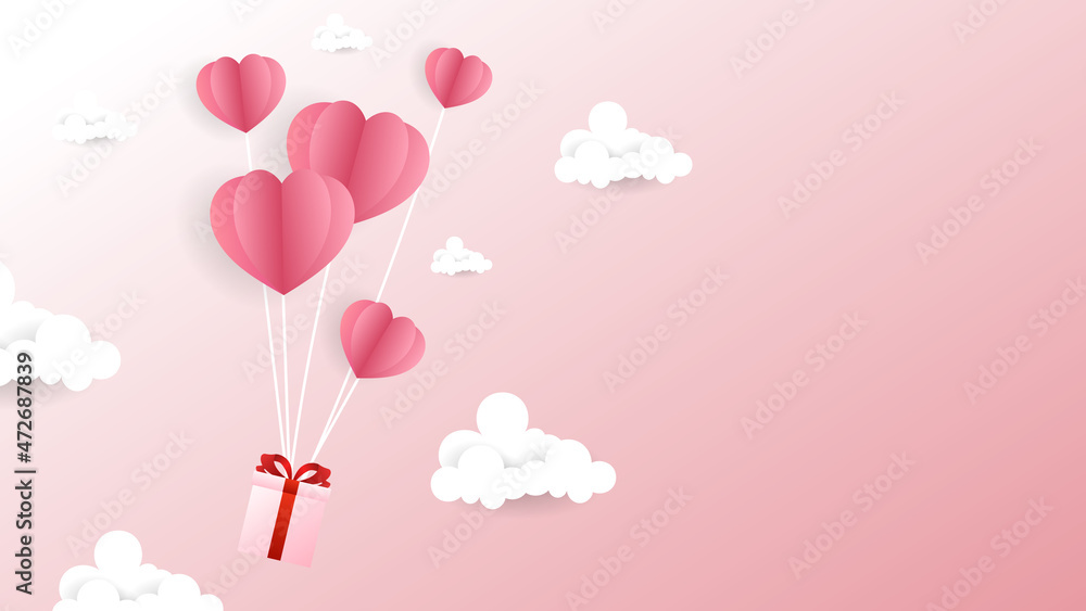 Gift with paper pink heart on cloud in Valentine's Day with copy space on pink background , Flat Modern design , illustration Vector EPS 10